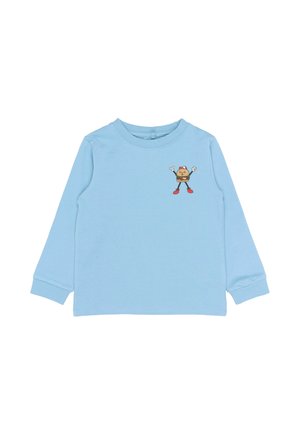 Jasnoniebieska koszula z długimi rękawami, wykonana z miękkiego materiału, z graficznym motywem postaci z kreskówki na środku, okrągłym dekoltem i mankietami.