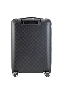 Schwarzer Hartschalenkoffer mit strukturiertem Muster. Verfügt über einen oberen Griff und zwei Räder für Mobilität. Mit Logo-Details an den Rädern akzentuiert.