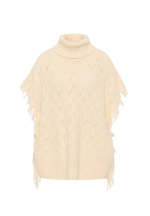 Kræmfarvet strikket poncho med høj hals, diamantmønster og frynsegange. Har en blød tekstur og ribbet kant.