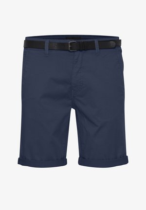 Tengerészkék, könnyű anyagból készült rövidnadrág, övvel, felgombolt szegélyekkel és oldalsó zsebekkel. Sima textúra, letisztult dizájn.