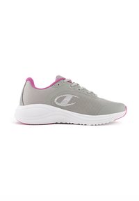 Szare buty sportowe z siatkową cholewką, różowe akcenty na kołnierzu i podeszwie, zaokrąglony czubek oraz teksturowana guma na podeszwie. Posiadają logo z boku.