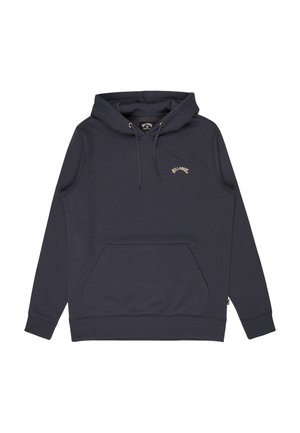 Dunkelgrauer Pullover-Hoodie mit vorderer Kängurutasche, Kapuze mit Kordelzug, gerippten Bündchen und kleinem "Billabong"-Logo auf der linken Brust.