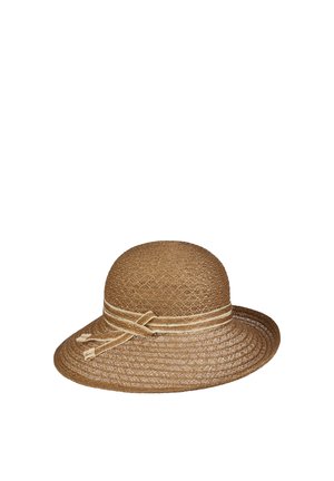 Brown woven sun hat with wide brim and decorative striped ribbon tied in a bow around the base of the crown.