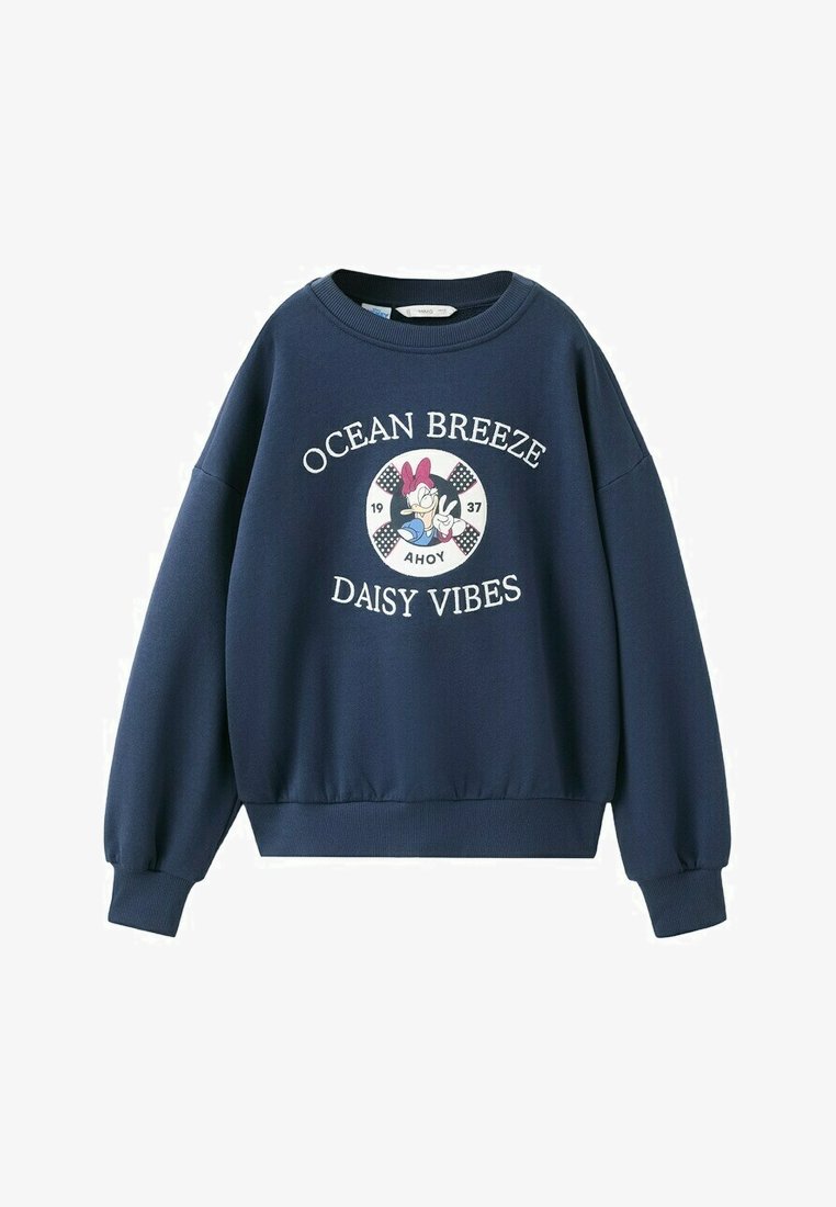 Sweat-shirt bleu marine à col rond avec un graphique de Daisy Duck, texte "OCEAN BREEZE DAISY VIBES" et "AHOY 1937".