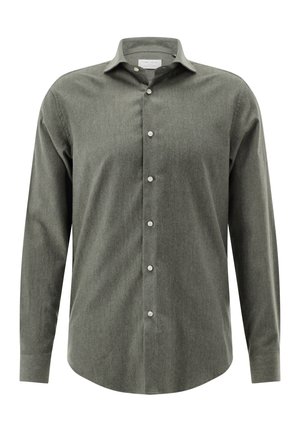 Dunkelgrünes Hemd mit Knopfleiste aus strukturierter Baumwolle, langen Ärmeln, spitzem Kragen und sechs vorderen Knöpfen. Taillierte Passform mit abgerundetem Saum.