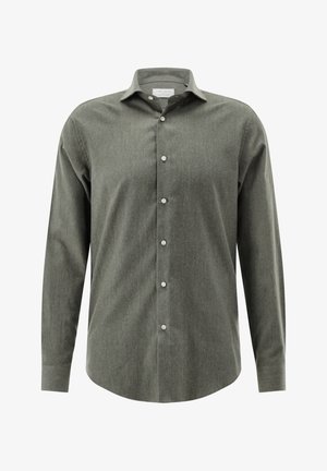 Dunkelgrünes Hemd mit Knopfleiste aus strukturierter Baumwolle, langen Ärmeln, spitzem Kragen und sechs vorderen Knöpfen. Taillierte Passform mit abgerundetem Saum.