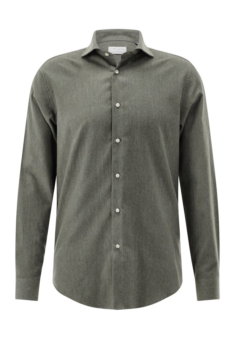 Dunkelgrünes Hemd mit Knopfleiste aus strukturierter Baumwolle, langen Ärmeln, spitzem Kragen und sechs vorderen Knöpfen. Taillierte Passform mit abgerundetem Saum.