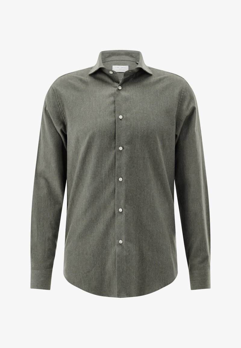 Dunkelgrünes Hemd mit Knopfleiste aus strukturierter Baumwolle, langen Ärmeln, spitzem Kragen und sechs vorderen Knöpfen. Taillierte Passform mit abgerundetem Saum.