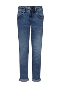 Jeans de mezclilla azul con un diseño recto, cinco bolsillos, cierre de botón y puños doblados. Presentan un ligero desvanecimiento y costuras en contraste.