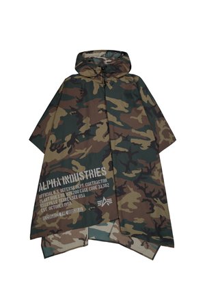 Poncho mimetico in tonalità di verde, marrone e beige. Dotato di cappuccio, testo stampato e design ampio e impermeabile.