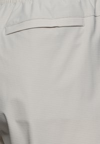 Lichtgrijze shorts van een gestructureerde stof met een subtiel ruitpatroon, voorzien van een elastische tailleband en een achterzak.