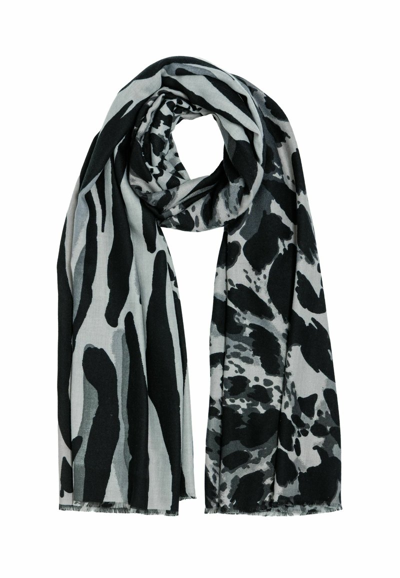 Schwarz-grau gemusterter Schal mit abstraktem Tierdruckdesign. Hergestellt aus weichem Material, mit fransigen Kanten und einem leichten Fall.