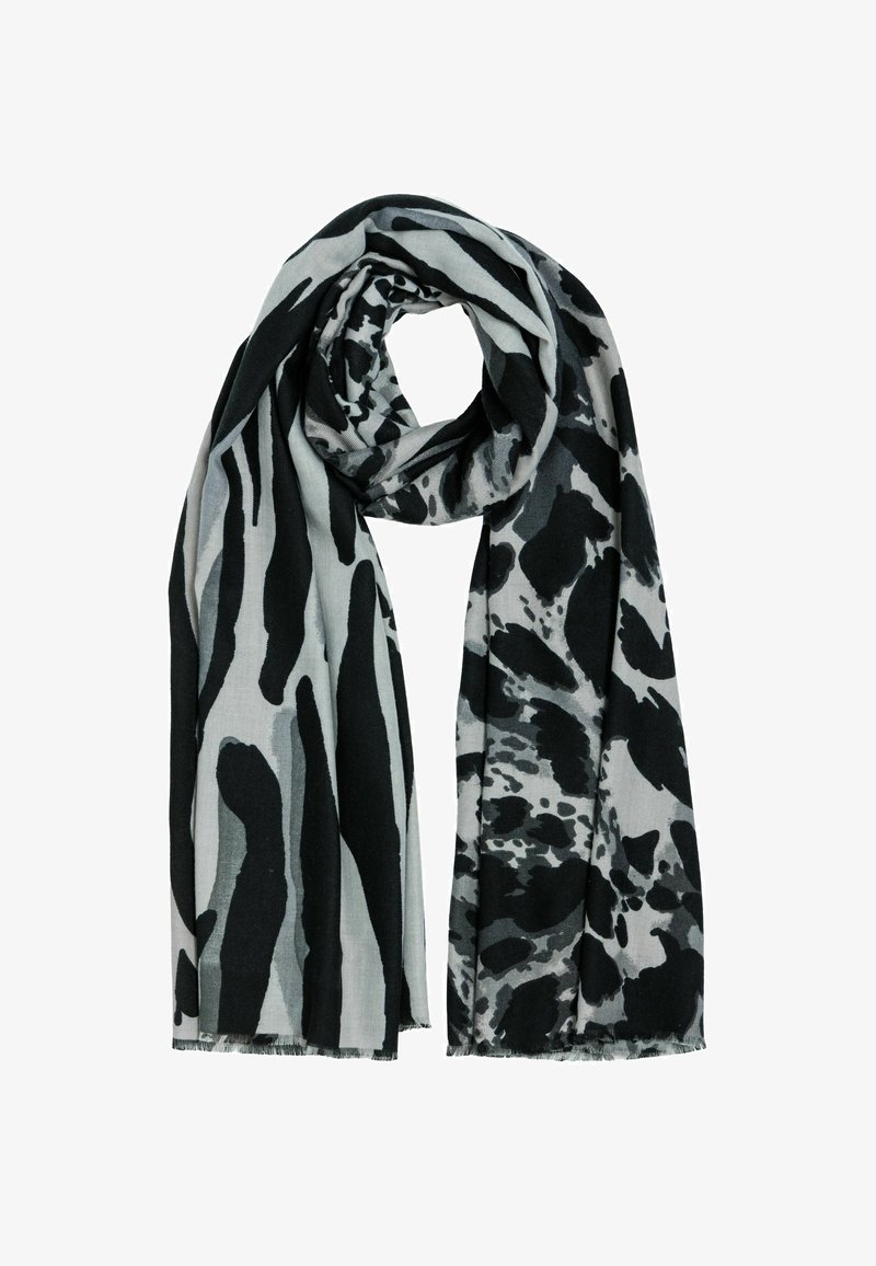 Schwarz-grau gemusterter Schal mit abstraktem Tierdruckdesign. Hergestellt aus weichem Material, mit fransigen Kanten und einem leichten Fall.