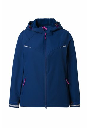 Námořnická softshellová bunda na zip vpředu, s nastavitelnou kapucí, růžovými akcenty, reflexními detaily a zipovými kapsami. Hladká textura a moderní design.