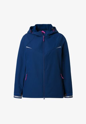 Námořnická softshellová bunda na zip vpředu, s nastavitelnou kapucí, růžovými akcenty, reflexními detaily a zipovými kapsami. Hladká textura a moderní design.