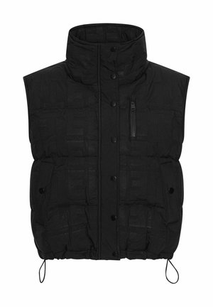Vest negru căptușit, fără mâneci, cu guler înalt, cu butoane prin apăsare pe față, buzunar cu fermoar pe piept și două buzunare inferioare cu clapete și închidere prin apăsare.