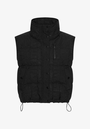 Vest negru căptușit, fără mâneci, cu guler înalt, cu butoane prin apăsare pe față, buzunar cu fermoar pe piept și două buzunare inferioare cu clapete și închidere prin apăsare.