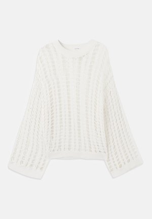 Λευκό, cropped πουλόβερ με φαρδιά μανίκια. Το ανοιχτό πλεκτό σχέδιο διαθέτει μοτίβο σε πλέγμα, κατασκευασμένο από ελαφρύ υλικό. Ριμπ λαιμόκοψη και τελείωμα.