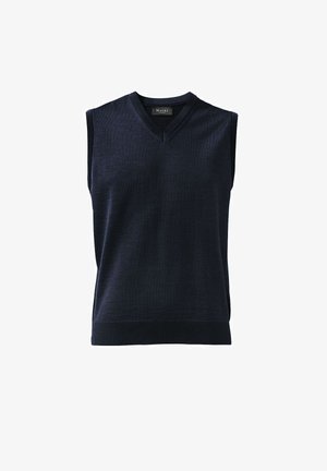Navy sleeveless pullover with a V-neck, knitted texture, and ribbed hem. Made of soft fabric, suitable for layering or casual wear.
