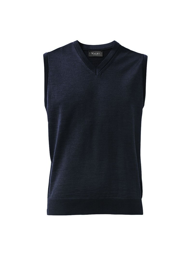 Marinefarbener ärmelloser Pullover mit V-Ausschnitt, gestrickter Textur und geripptem Saum. Hergestellt aus weichem Stoff, ideal für das Layering oder den Freizeitlook.