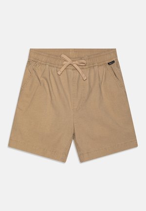 Shorts beiges avec une taille élastique et un cordon de serrage. Comprend deux poches latérales et des détails de couture simples. Texture de tissu lisse.
