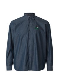 Donkerblauw overhemd met lange mouwen, gemaakt van een gestructureerde stof; heeft een geborduurd schildpaddendesign op de linkerborst.