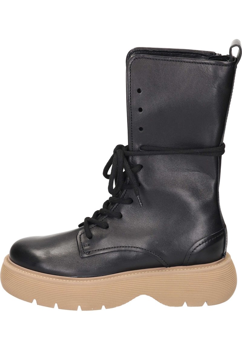 Bottes en cuir noir à lacets avec une tige haute, bout rond et semelle en caoutchouc beige contrastante. Présente une fermeture éclair et des détails en lacets.