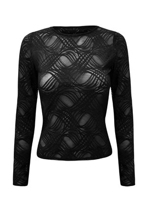Schwarzes Langarmoberteil aus durchscheinendem, strukturiertem Stoff, mit einem wellenförmigen Muster und rundem Kragen. Figurbetonendes Design, glatte Textur.