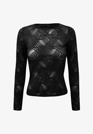 Svart långärmad topp i genomskinlig texturerad tyg, med en vågig mönster och rund halsringning. Färgad passform, slät textur.