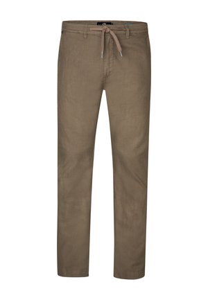 Lysbrune linnedrenge med elastisk talje, lige bendesign, to sidelommer og en glat tekstur.