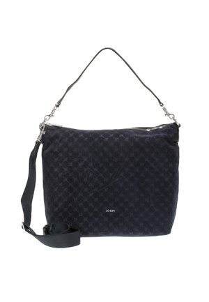 Sac à main bleu marine en tissu texturé avec une fermeture éclair, doté d'une bandoulière amovible et d'un détail logo en argent.