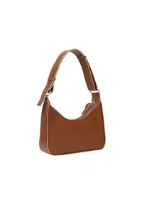 Braune Lederschultertasche mit abgerundeter Silhouette, verstellbarem Tragegurt und kontrastierenden weißen Nähten entlang der Kanten. Glatte Textur.