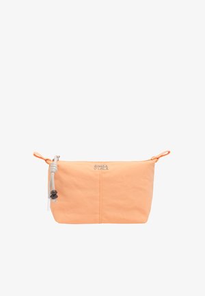 Bolsa rectangular de tela color melocotón con cremallera, costura frontal, cordón anudado con cuentas a la izquierda y logo "Bimba Y Lola" en el centro frontal.