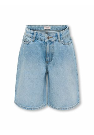 Lyseblå denimshorts med små hvide prikker, knapper og lynlås foran, bæltestropper og forlommer.