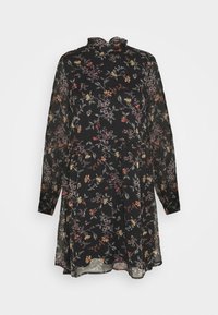 Robe noire à manches longues et col haut, avec un motif floral rouge, jaune et vert. Tissu léger et transparent.