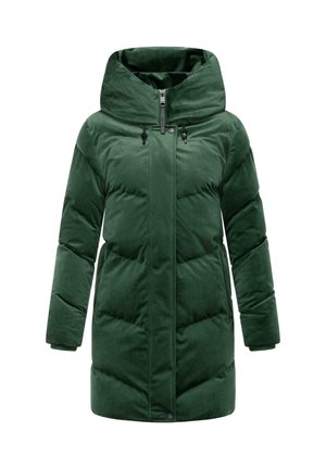 Manteau d'hiver matelassé vert foncé avec col montant, fermeture éclair à l'avant, boutons-pression et manches longues.