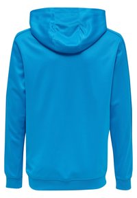 Felpa blu brillante con maniche lunghe, polsini e orlo a coste, vista da dietro che mostra un tessuto liscio e semplice con cappuccio attaccato.