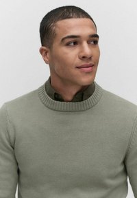 Ljusgrön stickad tröja med ribbad rund hals och strukturerad tyg, som bärs över en mörk skjorta, med en närbild av överkroppen.