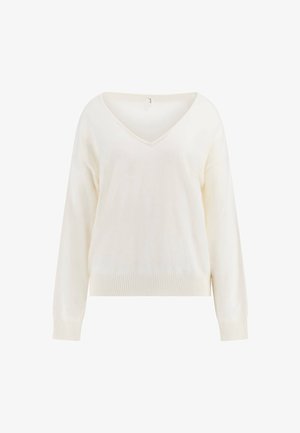 Un pull crème avec un décolleté en V, des manches longues et des poignets et ourlet côtelés. Fait d'un matériau doux avec un léger éclat.