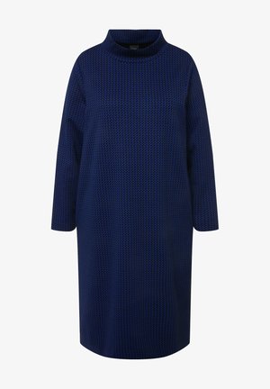 Navyblaues Kleid mit hohem Ausschnitt, dreiviertellangen Ärmeln und strukturiertem Stoff, der ein dezentes geometrisches Muster aufweist.