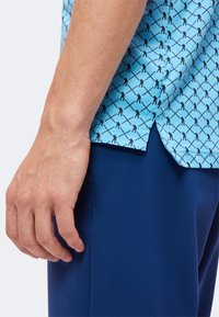 Une personne se tient debout avec le bras gauche détendu le long du corps, portant une chemise bleue à motifs et un pantalon bleu foncé.