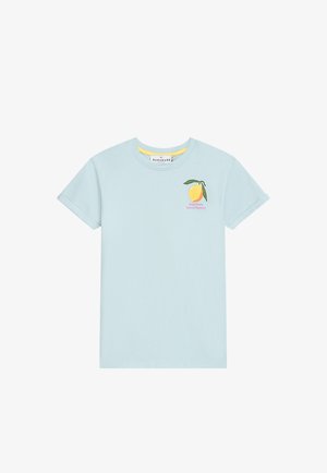 Hellblaues Baumwoll-T-Shirt mit kurzen Ärmeln. Mit einer gelben Zitronengrafik und Text auf der linken Brusttasche. Rundhalsausschnitt, Unisex-Design.