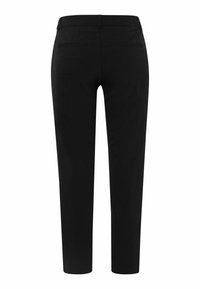 Pantalon noir ajusté vu de dos, avec passants de ceinture et deux poches passepoilées sans fermetures visibles.