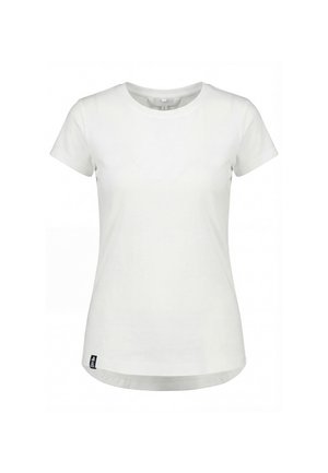 Weißes, kurzärmeliges, figurnahes Damen-T-Shirt mit rundem Ausschnitt und kleinem schwarzem Etikett am unteren linken Saum.