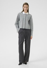 Camisa recortada de cuadros en azul y blanco con cuello blanco, combinada con pantalones oscuros gris oscuro de cintura alta y plisados.
