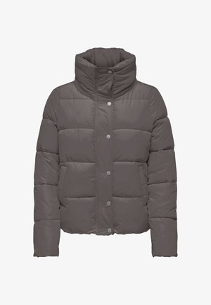 Ocieplana kurtka w stonowanym szarym kolorze z wysokim kołnierzem, zapięciem na zatrzask oraz poziomym pikowaniem dla lepszej izolacji.