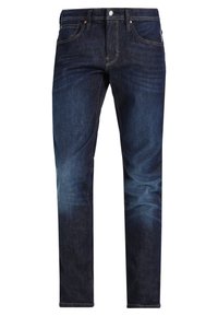 Jeans de mezclilla azul oscuro con un corte recto, costuras visibles, cinco bolsillos y un ligero desvanecimiento en los muslos para un detalle dinámico.