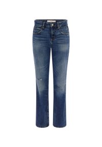 Tumedat sinised teksapüksid otse säärega, millel on kulumist ja kahjustusi põlvili, viie-taskuline disain ja vöökoht.