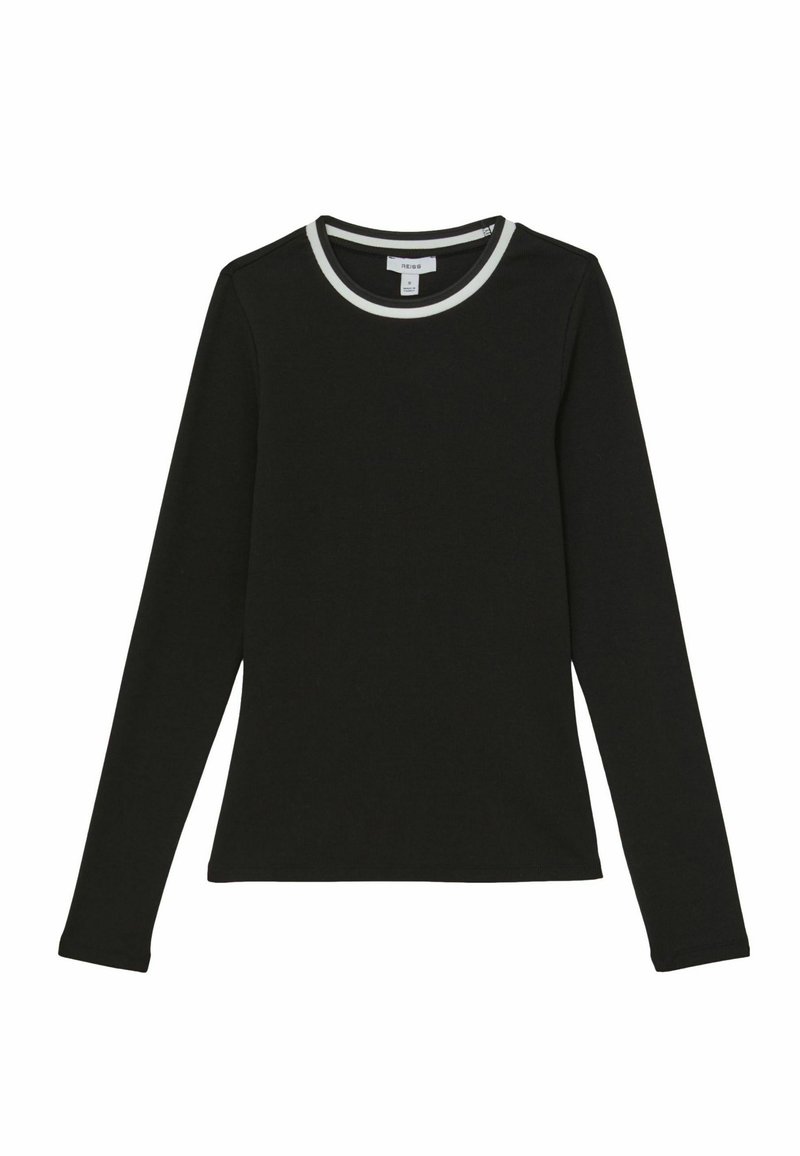 Czarna koszula z długim rękawem wykonana z miękkiej bawełny, posiada okrągły dekolt z kontrastową białą lamówką oraz dopasowany krój.