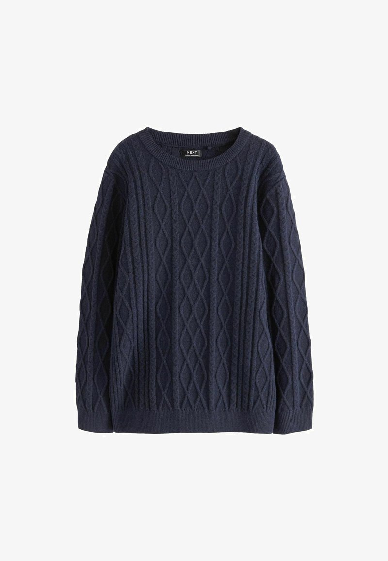 Pull en maille bleu marine avec un motif de losanges texturé, col rond, et bords-côtes aux poignets et à l'ourlet. Le tissu semble doux et chaud.